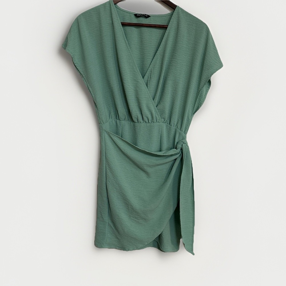 Chaolilai Womens M Mint Green 100% Polyester Cap Sleeve Wrap Shirt Mini Summer